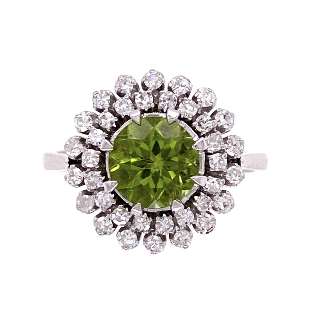 Size 7<div style="position: initial; margin: initial;"><span style="font-size: 16.8px; position: initial; margin: initial;"><a href="https://youtu.be/wZBEieGIqfA" title="https://youtu.be/wZBEieGIqfA" style="text-decoration: none;">https://youtu.be/wZBEieGIqfA</a></span><br style="position: initial; margin: initial;"></div> 18K White Gold 1950's 1.25ct Peridot with Double Halo .55tcw Diamond 8 prong Ring 5.9g, s7