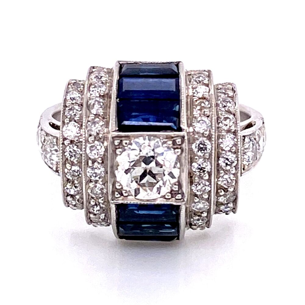 Image 2 for Platinum Art Deco Dome .55ct Old European Cut Diamond, 1.10tcw Baguette Sapphire & .60tcw side Diamond Ring 8.0g, s6.5