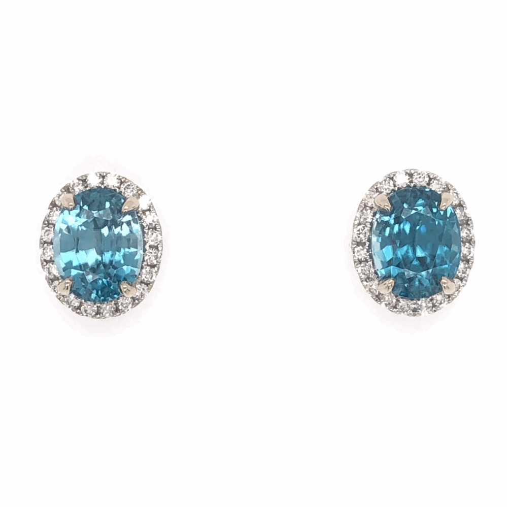 14K White Gold 7.45tcw Blue Zircon Stud Earrings with .39tcw Diamonds
