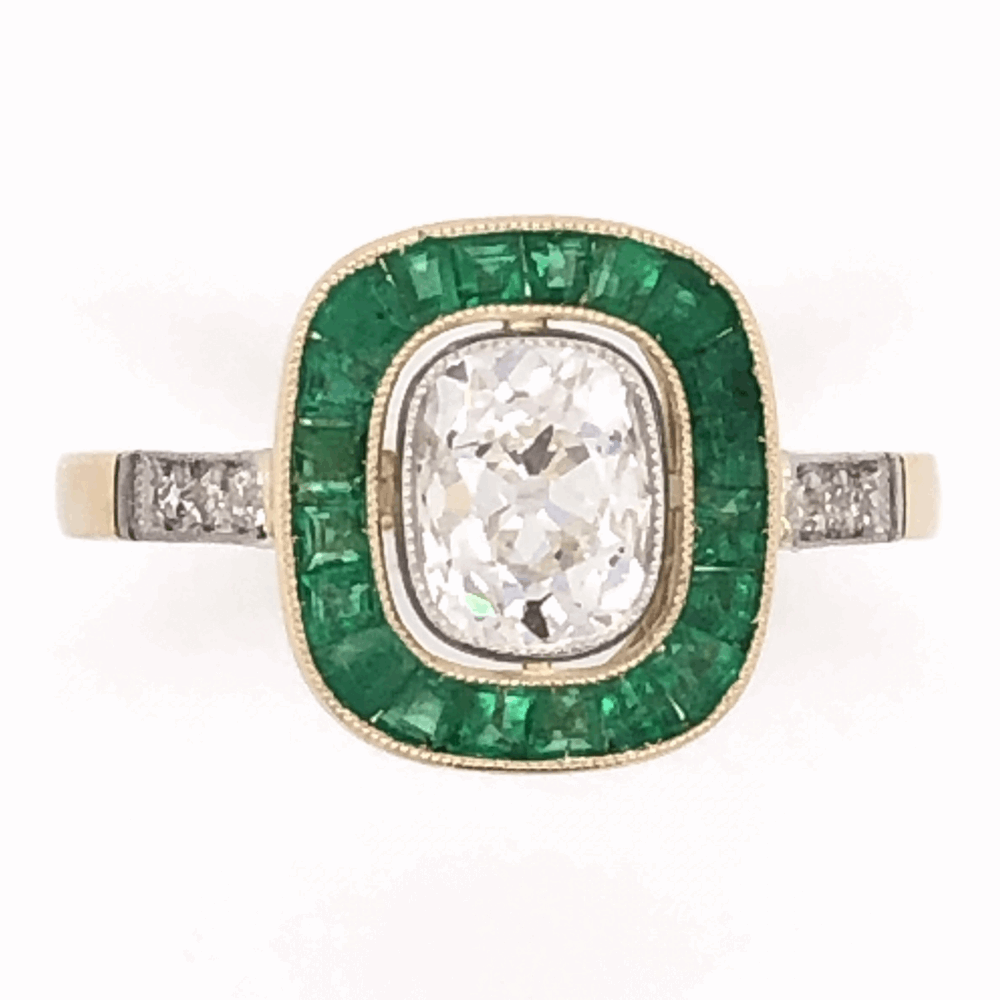 Victorian Revival Old Mine Diamond Ring. Size 7. 18K Yellow Gold Victorian .97ct Antique Cushion & 1.40tcw Emerald RIng, s7