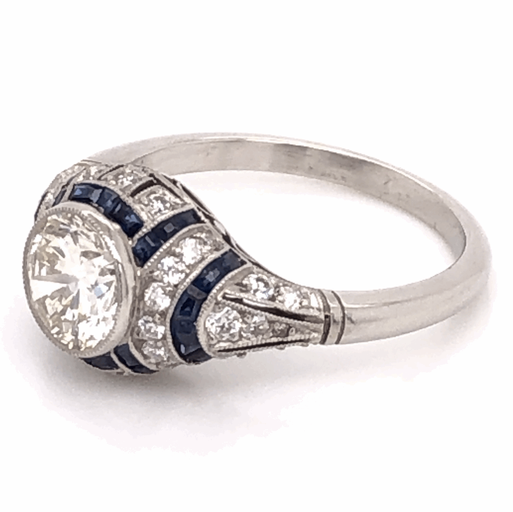 Image 2 for Platinum Art Deco 1.04ct Round Brilliant & .48tcw Sapphire Filigree Ring, s6.5