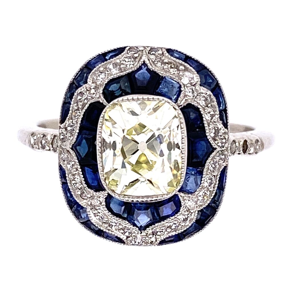 Art Deco Revival
.23tcw Side Diamonds Platinum Art Deco 1.16ct Antique Rectangular Cushion Diamond & 1.55tcw Sapphire Ring, s7