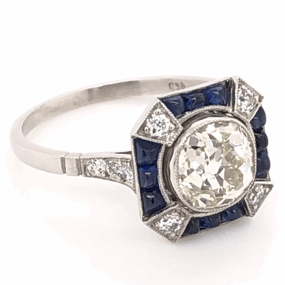 Image 2 for Platinum Art Deco 1.68ct Old European Diamond & .80tcw Sapphire Ring, s7.5