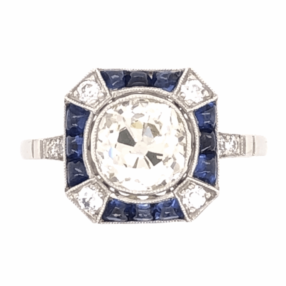 Art Deco Revival
.24tcw Side Diamonds Platinum Art Deco 1.68ct Old European Diamond & .80tcw Sapphire Ring, s7.5