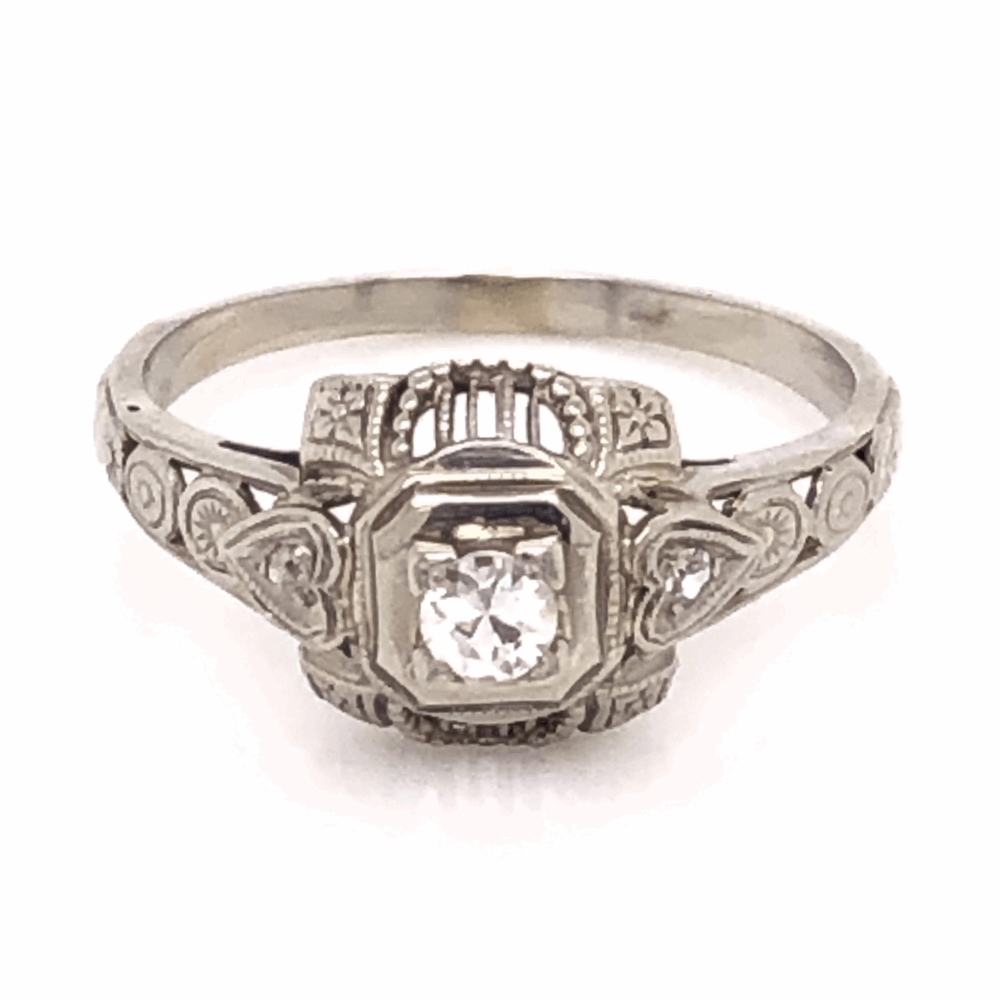 Size 6.5 18K White Gold Art Deco Filigree Ring with .13ct Antique Diamond, s6.5