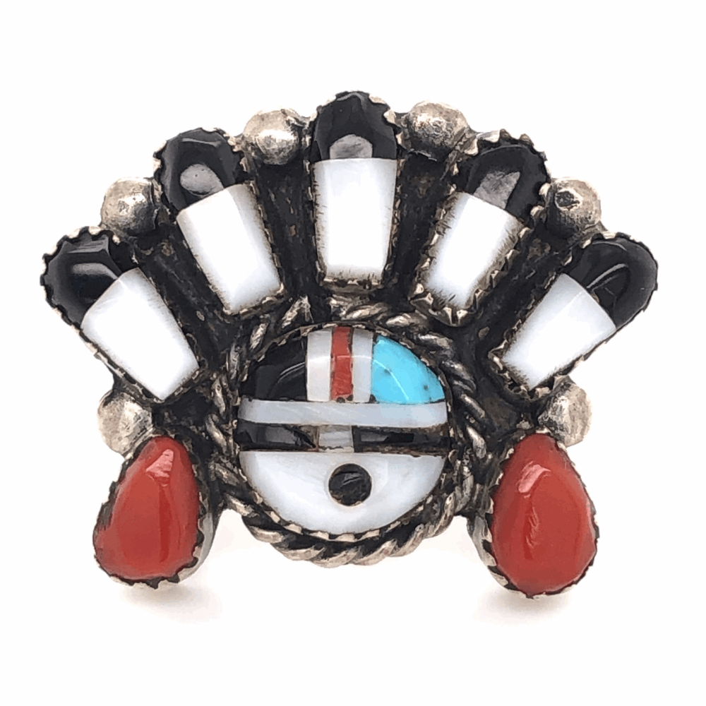 Onyx, Mother of Pearl, Coral, Turquoise 8.7g, s7.5, 1x1.25" 925 Sterling Vintage Native HOPI Inlay Headress Ring