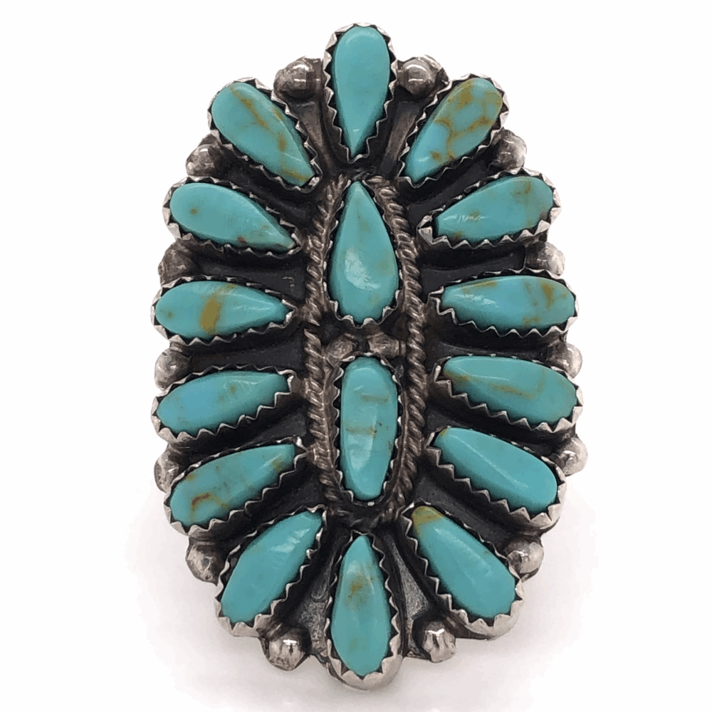 Size 8, signed, "P. JONES" 9.2g gross weight, 1-2/3" Wide 925 Sterling Vintage Native ZUNI Peti Point Turquoise Ring