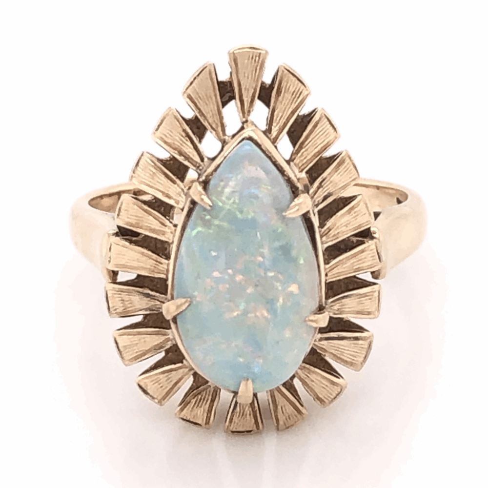 7/8" Long on top
Fantastic Play of Color from White Australian Opal Material 18K Yellow Gold 1960's Pear Shape 2.00ct White Opal Bombay Style Ring 4.6g, s7.5