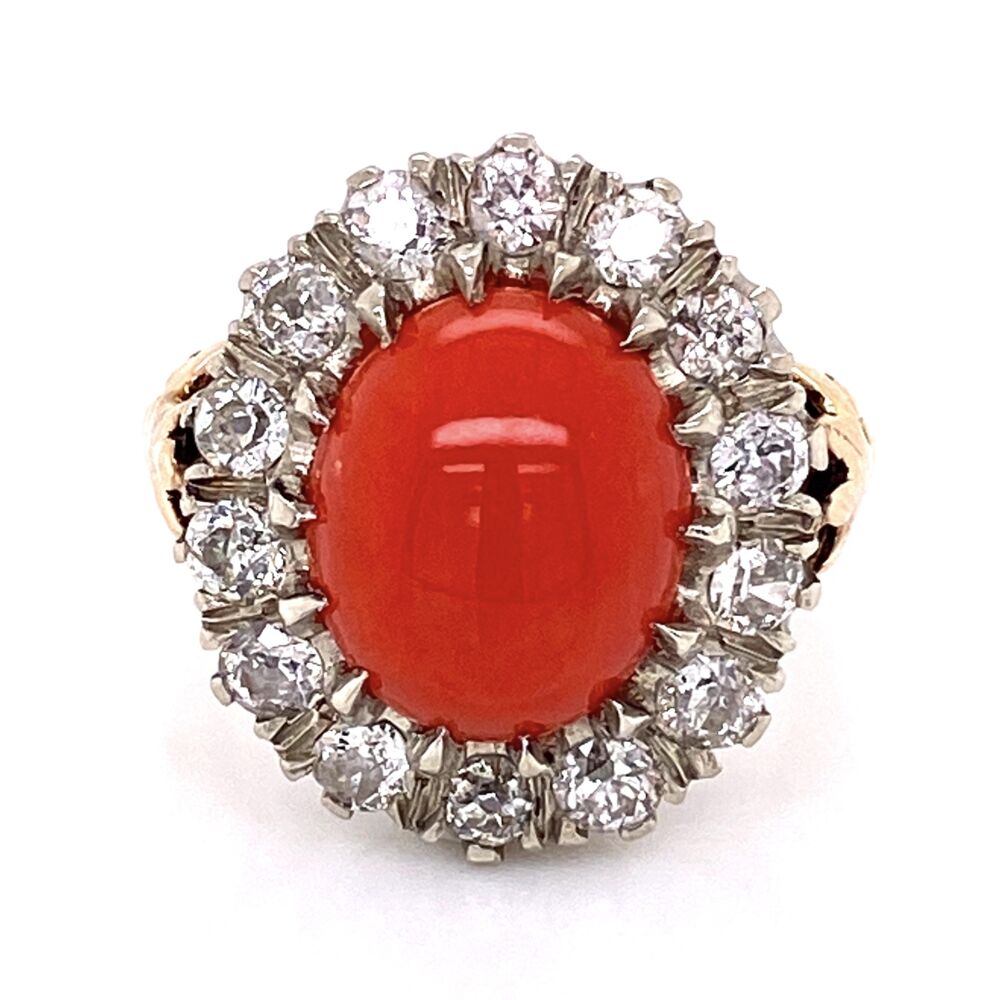 Late Victorian Platinum on 14K Yellow Gold 2.4ct Oval Coral & 1.50tcw Diamond Ring 7.3g, s5.75