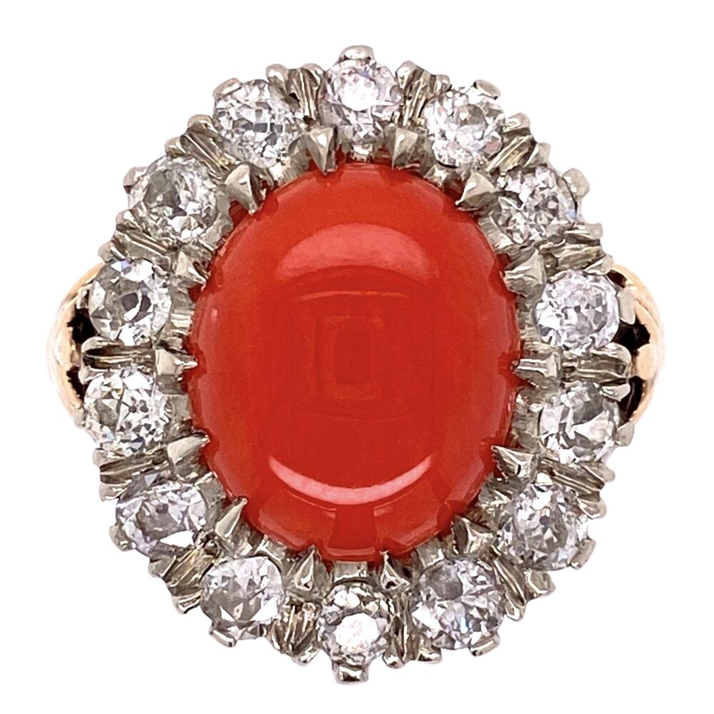 Image 2 for Platinum on 14K Yellow Gold 2.4ct Oval Coral & 1.50tcw Diamond Ring 7.3g, s5.75