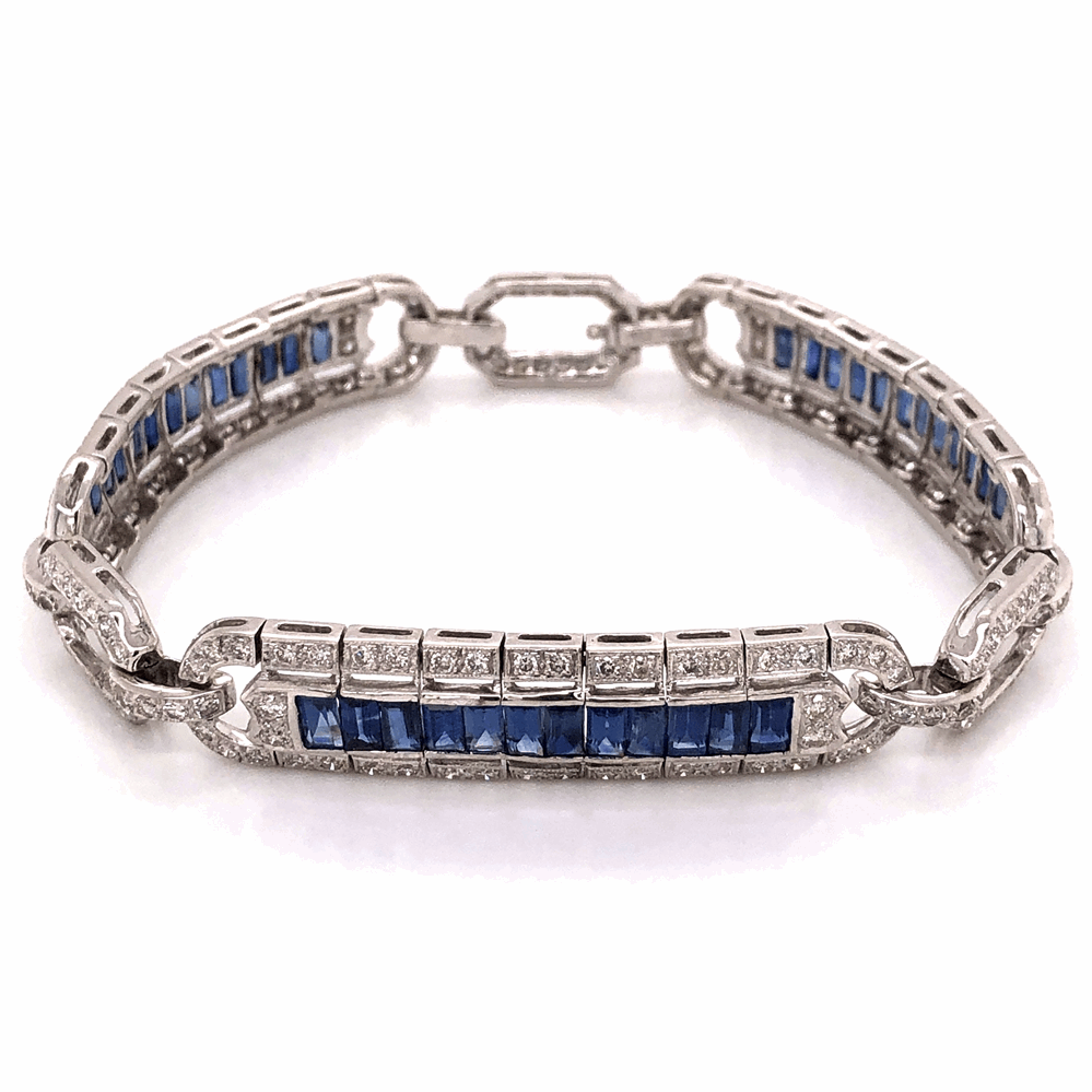 18K White Gold Art Deco Style 3.00tcw Diamond & 4.50tcw Sapphire Bracelet 23.7g, 7.25" Long
