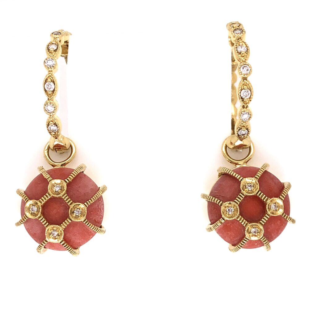 Hoops are .75" Tall
With Drops 1 1/3" Tall 18K Yellow Gold JudeFrance Coral Diamond Drop on Cleopatra Hoops .20tcw, 9.3g