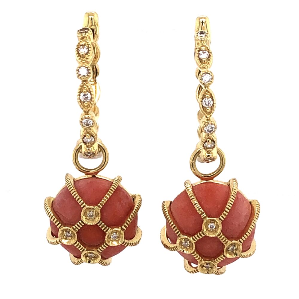 Image 2 for 18K Yellow Gold JudeFrance Coral Diamond Drop on Cleopatra Hoops .20tcw, 9.3g