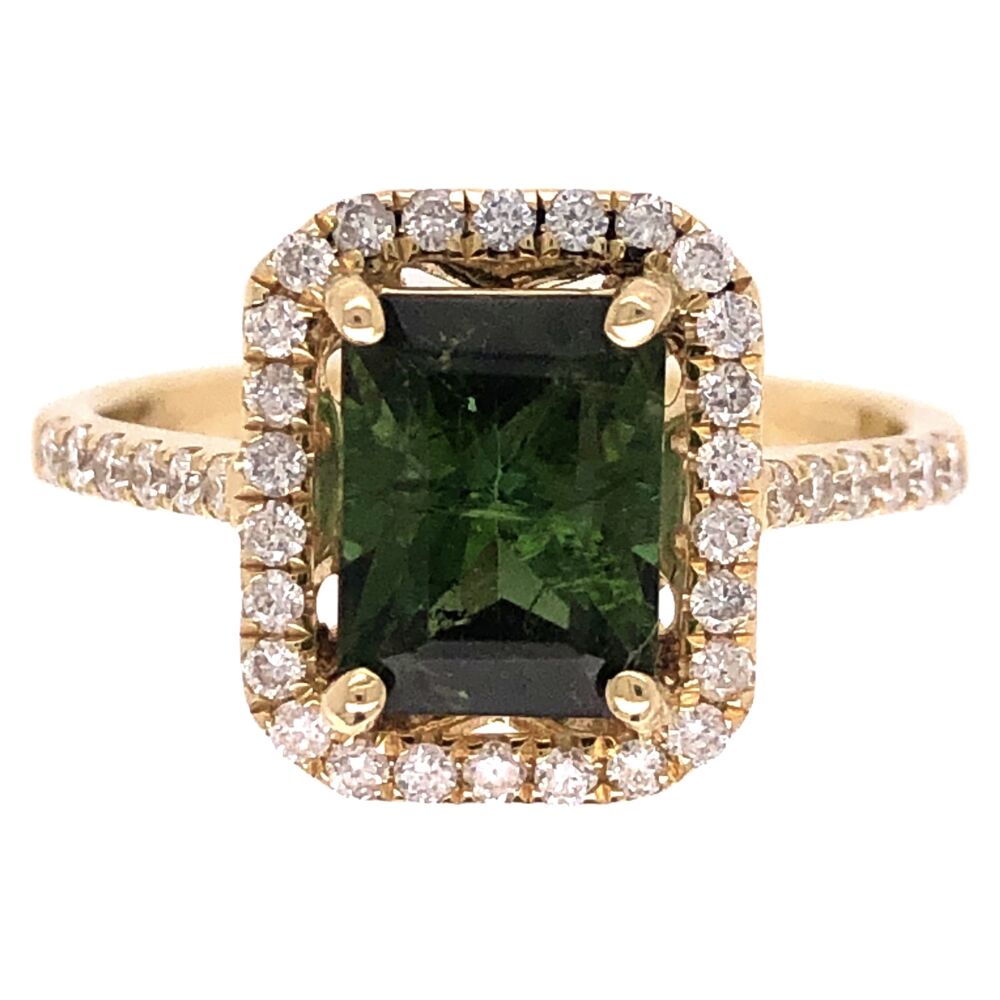 Size 7 14K Yellow Gold 1.70ct Green Tourmaline & .36tcw Diamond Ring 3.1g, s7