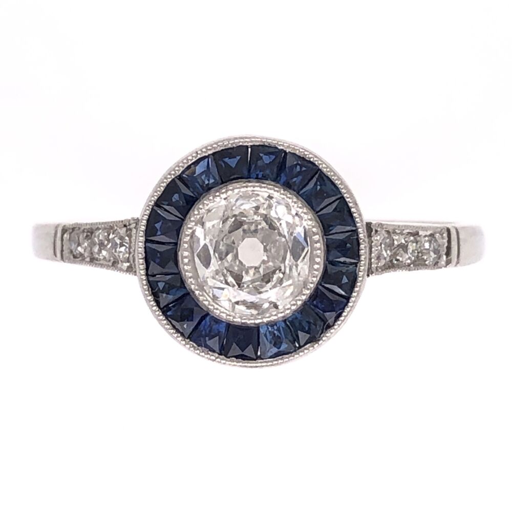Platinum .40ct Old European Cut Diamond Ring with French Cut Sapphire halo .50tcw 2.8g, s7
