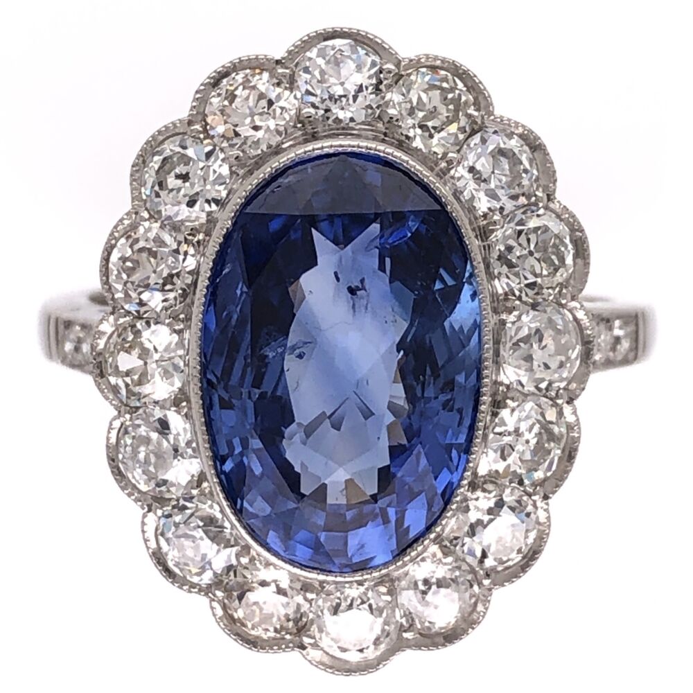 This is a true beauty in handmade Platinum over 100 years old Size 6.5, with a fresh GIA lab report# 2193898761 indicating NO HEAT & No Origin Requested. Has appraisal ready to go! Platinum Art Deco 4.07ct NO HEAT Oval Sapphire GIA & 1.30tcw Diamond Halo Ring 6.6g, s6.5