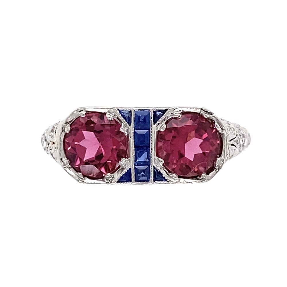 Platinum Art Deco Deco Rubellite 2 Stone & Diamond Ring with Sapphires, 3.7g, s7.25