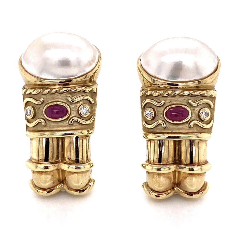 1 1/3" Tall 14K Yellow Gold DENOIR Pearl, Ruby & .10tcw Diamond Earrings 23.7g