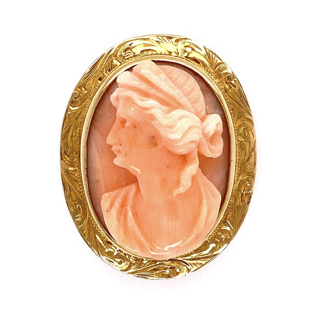 Beautiful, natural carved angel skin coral in a Victorian revival made piece... circa 1960's<div style="position: initial; margin: initial;"><span style="font-size: 16.8px; position: initial; margin: initial;">https://youtu.be/ItYTUOHhooM</span><br style="position: initial; margin: initial;"></div> 14K Yellow Gold Carved Coral Cameo Brooch 4.2g, 1" Tall