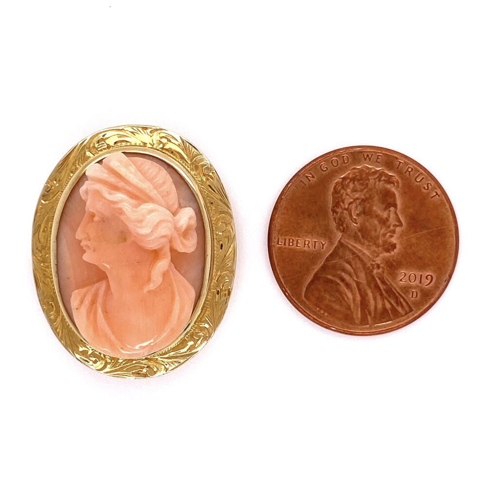Image 2 for 14K Yellow Gold Carved Coral Cameo Brooch 4.2g, 1" Tall