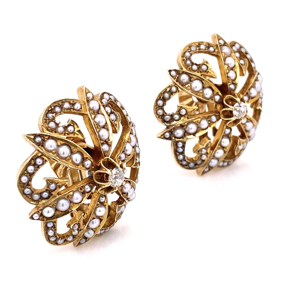 Image 2 for 14K Yellow Gold Victorian Seed Pearl & .20tcw Diamond Clip Earrings 17.1g, 1.1" Diameter