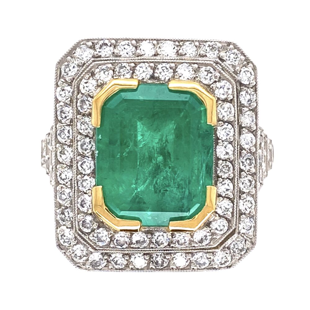 This handmade ring has a 18K Yellow Gold Half bezel protecting the beautiful Columbian Emerald in the center. Size 7.<div style="position: initial; margin: initial;"><span style="font-size: 16.8px; position: initial; margin: initial;"><a href="https://youtu.be/N1csMOKBWDc" title="https://youtu.be/N1csMOKBWDc" style="text-decoration: none;">https://youtu.be/N1csMOKBWDc</a></span><br style="position: initial; margin: initial;"></div> Platinum 4.52ct Emerald Cut Emerald Ring with 1.05tcw Diamonds 9.5g