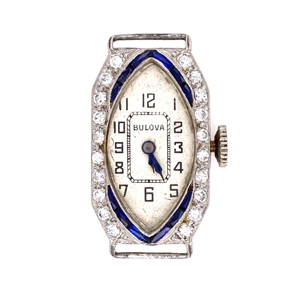 This watch is the head only and is currently running, the back is engraved, "W.J. to J.M.P. April 27, 1927" Platinum Art Deco c1927 BULOVA Diamond Watch .35tcw & Blue Stones 10.2g