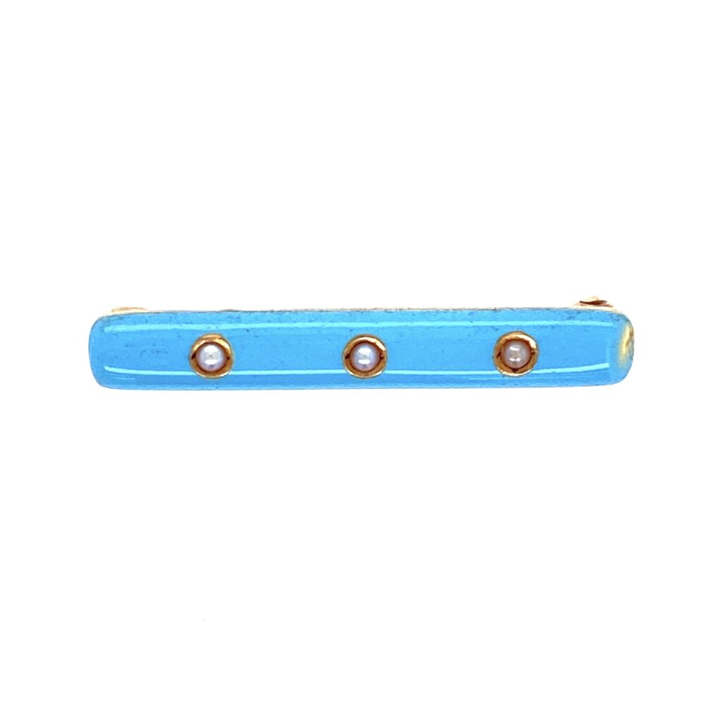 <div style="position: initial; margin: initial;"><span style="font-size: 16.8px; position: initial; margin: initial;">1.45g, 1" Long Brooch, </span><span style="font-size: 1.2rem; position: initial; margin: initial;">Kremetz logo, 14K and Cartier signed.. Has a chip on the enamel as seen but still likely the least expensive Cartier gold piece we'll ever see!</span><br style="position: initial; margin: initial;"></div> 14K YG Art Deco CARTIER Brooch Powder Blue Enamel & Seed Pearls