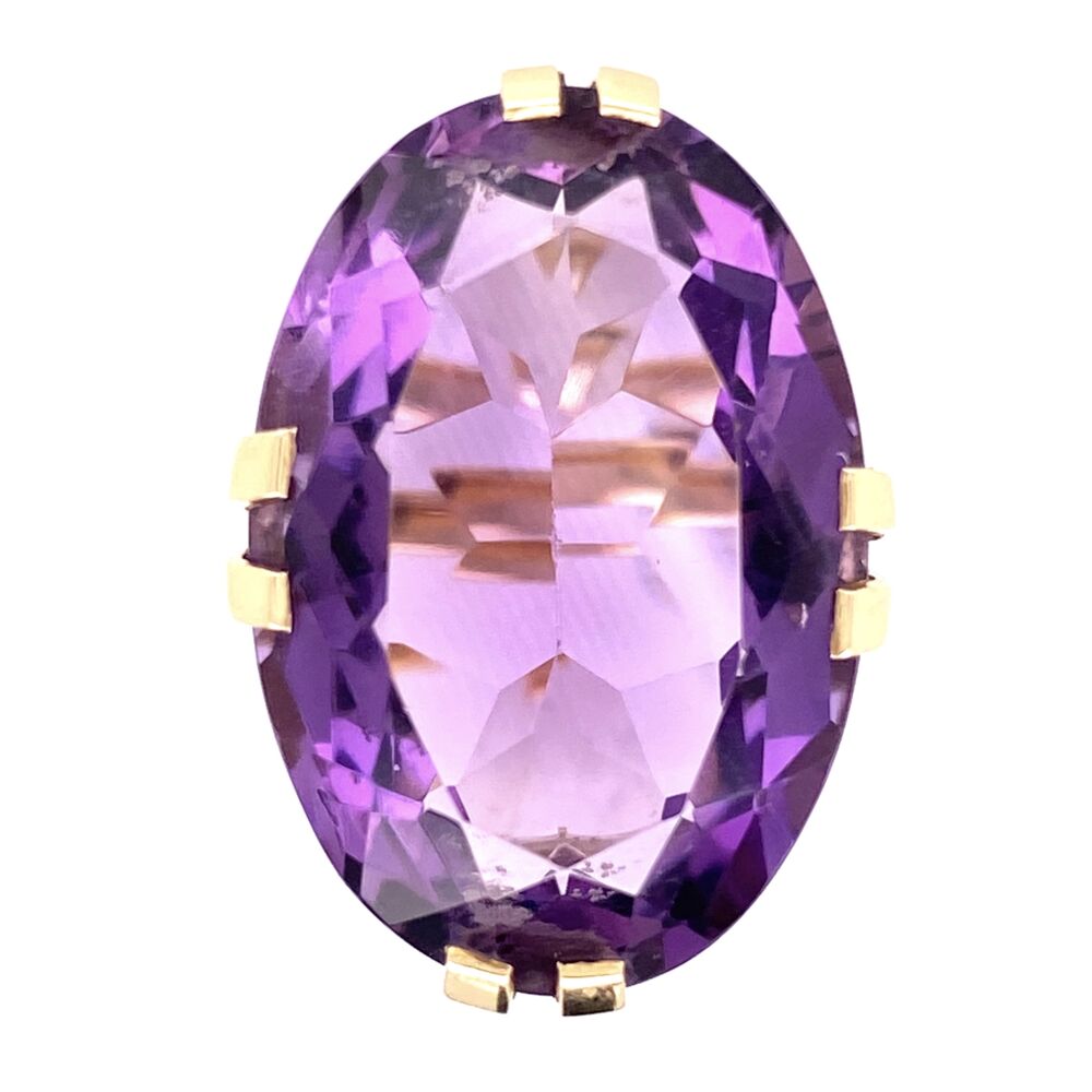 I love the split prong design on this awesome Amethyst ring. c1960's 14K Yellow Gold 20ct Oval Amethyst Split Prong Soliatire 10.3g, s6.5
