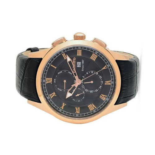 G32L0070A
Stainless steel case rose gold IP
Black sunray dial Stainless steel roman numeral hour markers rose gold IP
Day date chronograph
45MM
Stainless steel case back
Water resistant up to 5 ATM
Brown leather strap with butterfly stainless steel clasp rose IP Giantto Mens Stainless steel case rose gold IP Classic Watch