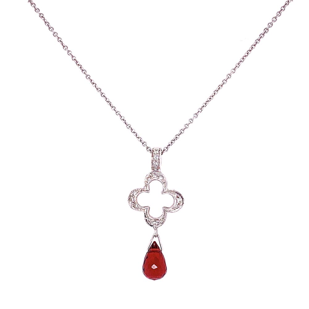 Classic Jude Frances Diamond Clover with red Garnet Briolette drop. The gross weight is 2.9g and the chain is 16" in length 18K White Gold JUDE FRANCES Open Clover .09tcw Diamond Pendant