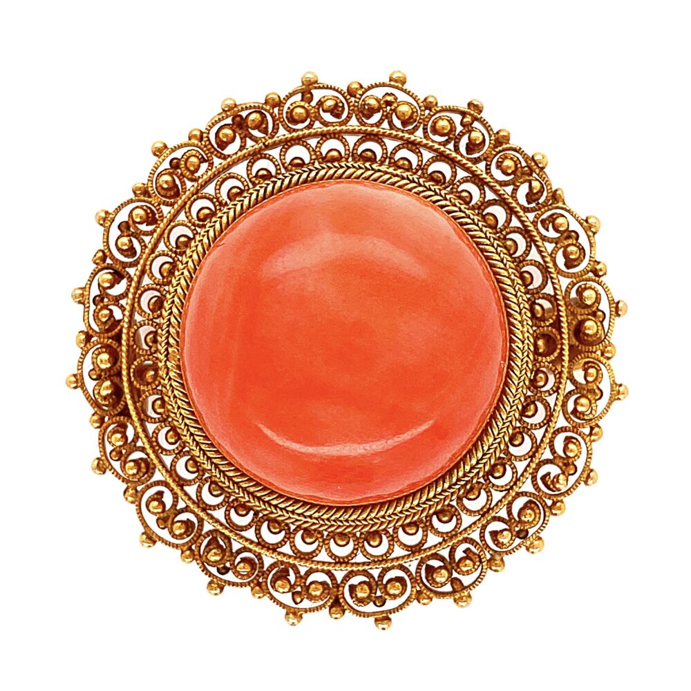 Etruscan has some the most beautiful designs usually in Rich yellow gold with granulation like this fine example<div style="position: initial; margin: initial;"><span style="font-size: 16.8px; position: initial; margin: initial;"> 1.1" Diameter</span><br style="position: initial; margin: initial;"></div> 14K YG Etruscan Italian Coral Brooch with Granulation 6.7g
