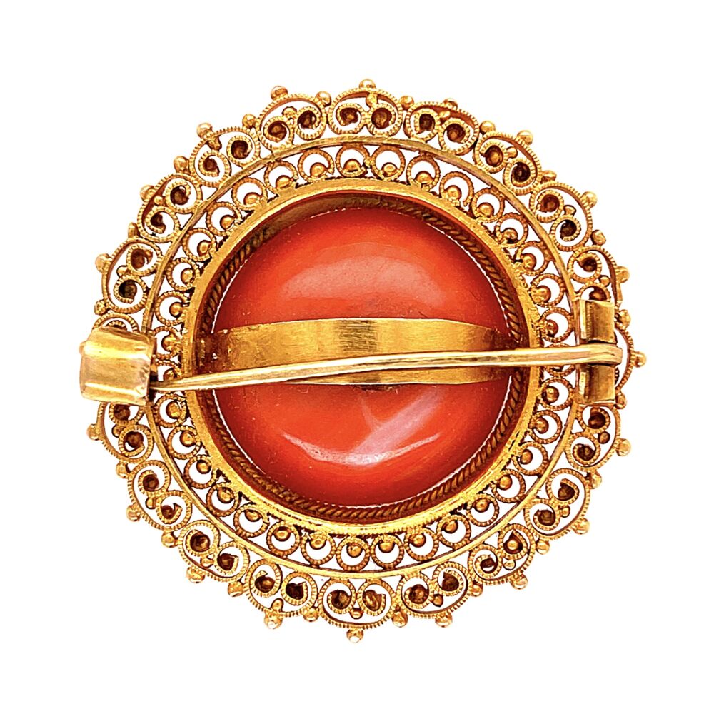 Image 2 for 14K YG Etruscan Italian Coral Brooch with Granulation 6.7g