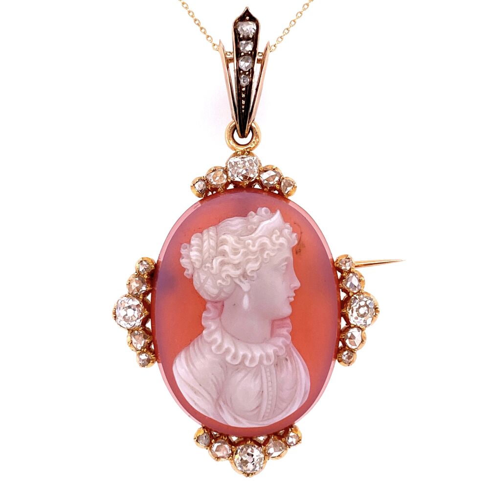 What a piece of history! This original Victorian Cameo With Original box is amazing! The cameo is shell and the metal is 14K yellow gold circa 1800's. Chain not included.<br> 14K YG Victorian Hardstone Agate Cameo Pendant 2.25tcw Diamonds 2.5"