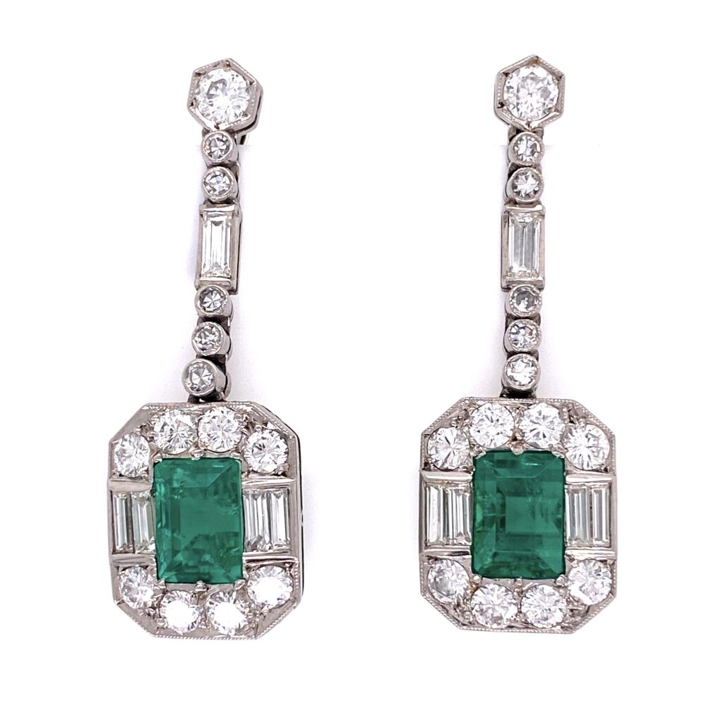 GIA# 5201367907
Columbian, Minor! Platinum 4tcw Emerald & 3tcw Diamond Earrings GIA, c1950's