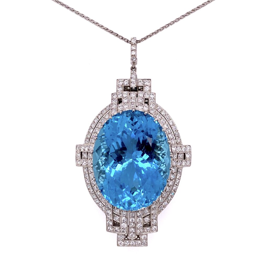 <span style="font-size: 16.8px; position: initial; margin: initial;"><a href="https://youtu.be/X6azLHhgnAU" title="https://youtu.be/X6azLHhgnAU" style="text-decoration: none;">https://youtu.be/X6azLHhgnAU</a></span> Platinum Art Deco 53ct Oval Aquamarine & 3.50tcw Diamond FIligree Pendant 29.5g, 23"