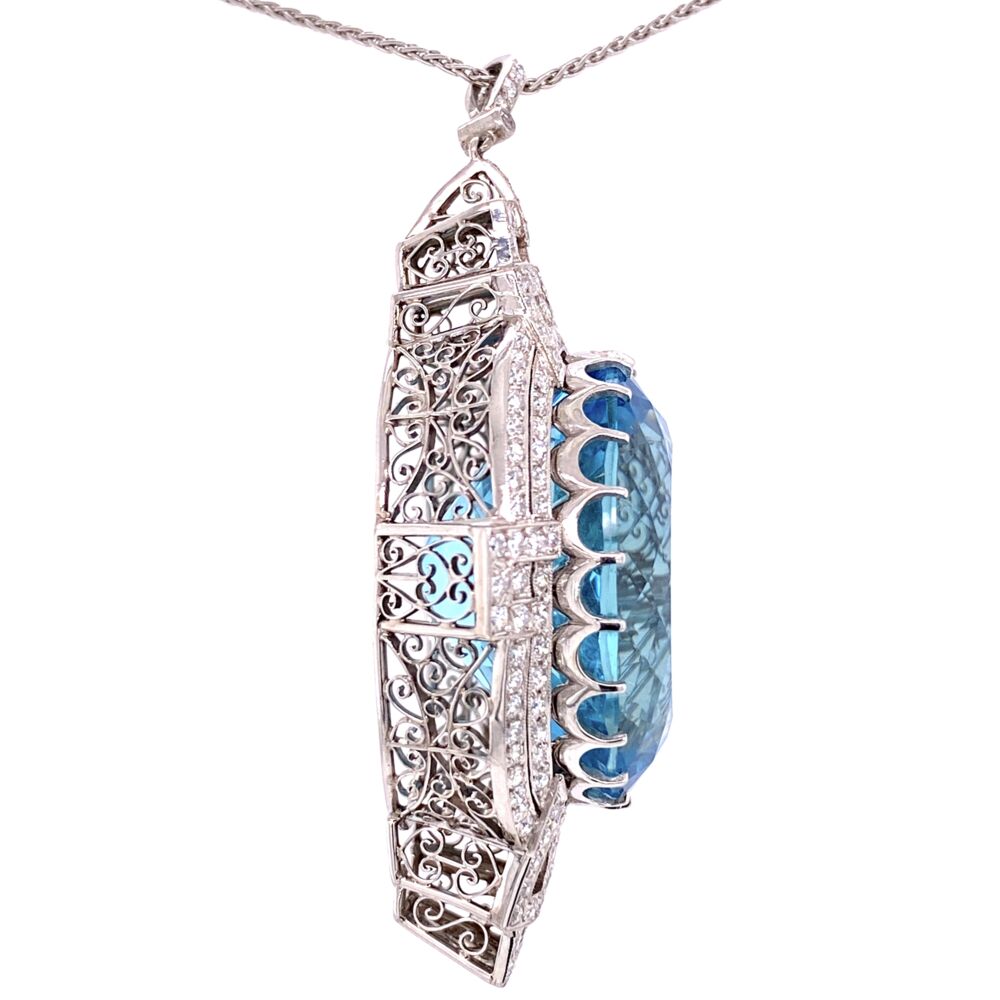 Image 2 for Platinum Art Deco 53ct Oval Aquamarine & 3.50tcw Diamond FIligree Pendant 29.5g, 23"