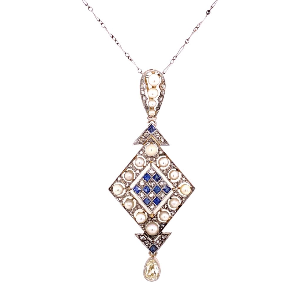 Pendant is 2" tall Platinum on 18K Edwardian Pearl, Sapphire & 1.10tcw Diamond Drop Necklace, 16"