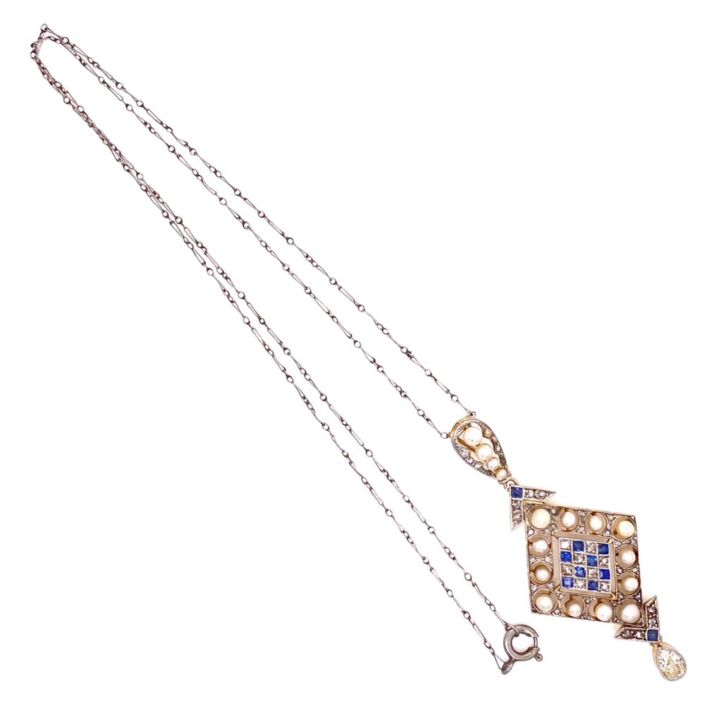 Image 2 for Platinum on 18K Edwardian Pearl, Sapphire & 1.10tcw Diamond Drop Necklace, 16"