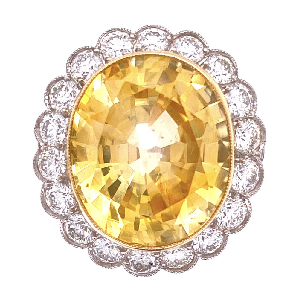 GIA#
No Heat Platinum Art Deco 14.38ct Oval Yellow Sapphire GIA & 2.40tcw Diamond Ring, s6.5