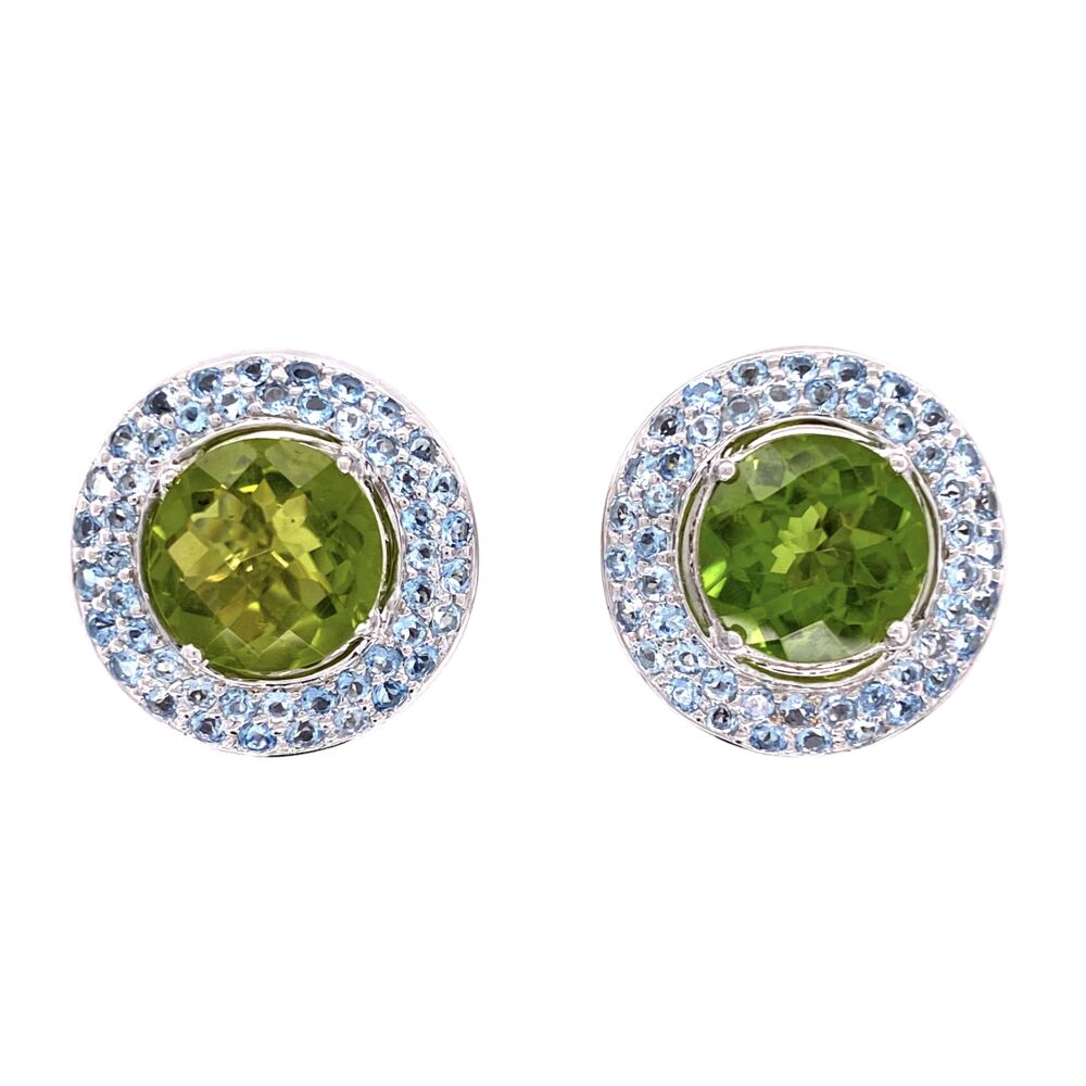 LAURA M makes very high quality fine jewelry and these earrings are no exception. The two round checkerboard cut natural Peridot stones weigh about 5tcw and are surrounded by two rows of pave aquamarine gemstones. The closure is a very fine and secure French style clip back which has no post - however, a post could be added for a small charge.<div style="position: initial; margin: initial;"><span style="font-size: 16.8px; position: initial; margin: initial;"><a href="https://youtu.be/tETQ4W6ZZiA" title="https://youtu.be/tETQ4W6ZZiA" style="text-decoration: none;">https://youtu.be/tETQ4W6ZZiA</a></span><br style="position: initial; margin: initial;"></div> 18K Laura M Peridot and Aquamarine Earrings 14.1g