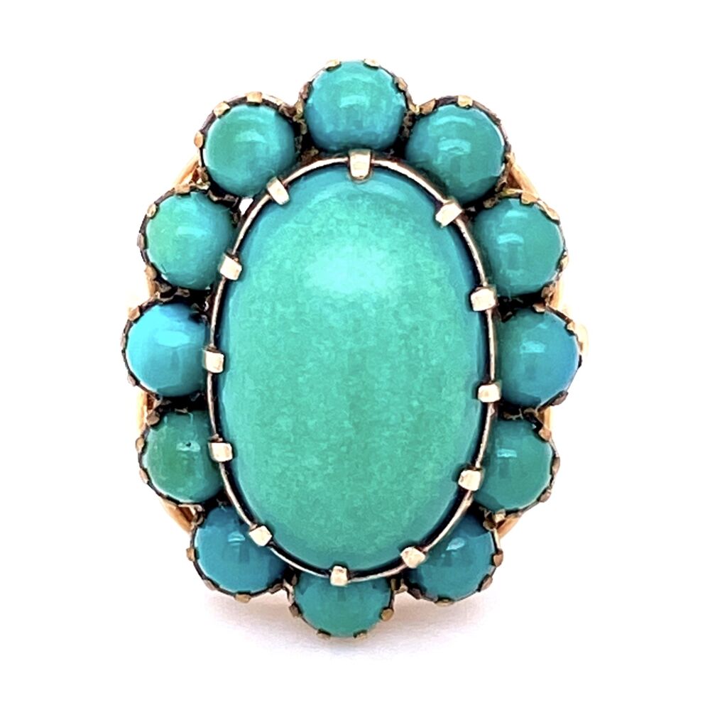 This Victorian Yellow Gold Cluster Ring has a 2ct Oval Cabochon Turquoise and is surrounded by 12 round turquoise cabochons about 1.00tcw. The Turquoise is natural and has Bluish Green Patina making the ring at least 50 years ago, but we believe it to be circa 1880's. The metal is 14K Yelllow Gold, the shank has a "585" stamp and fits a finger size 5, but can be sized easily. The gross weight is 7.3g.<br style="position: initial; margin: initial;"><span style="font-size: 16.8px; position: initial; margin: initial;"><a href="https://youtu.be/-nyjak_-2RI" title="https://youtu.be/-nyjak_-2RI" style="text-decoration: none;">https://youtu.be/-nyjak_-2RI</a></span><br style="position: initial; margin: initial;"> Victorian Green-Blue Turquoise Cluster Dome Ring