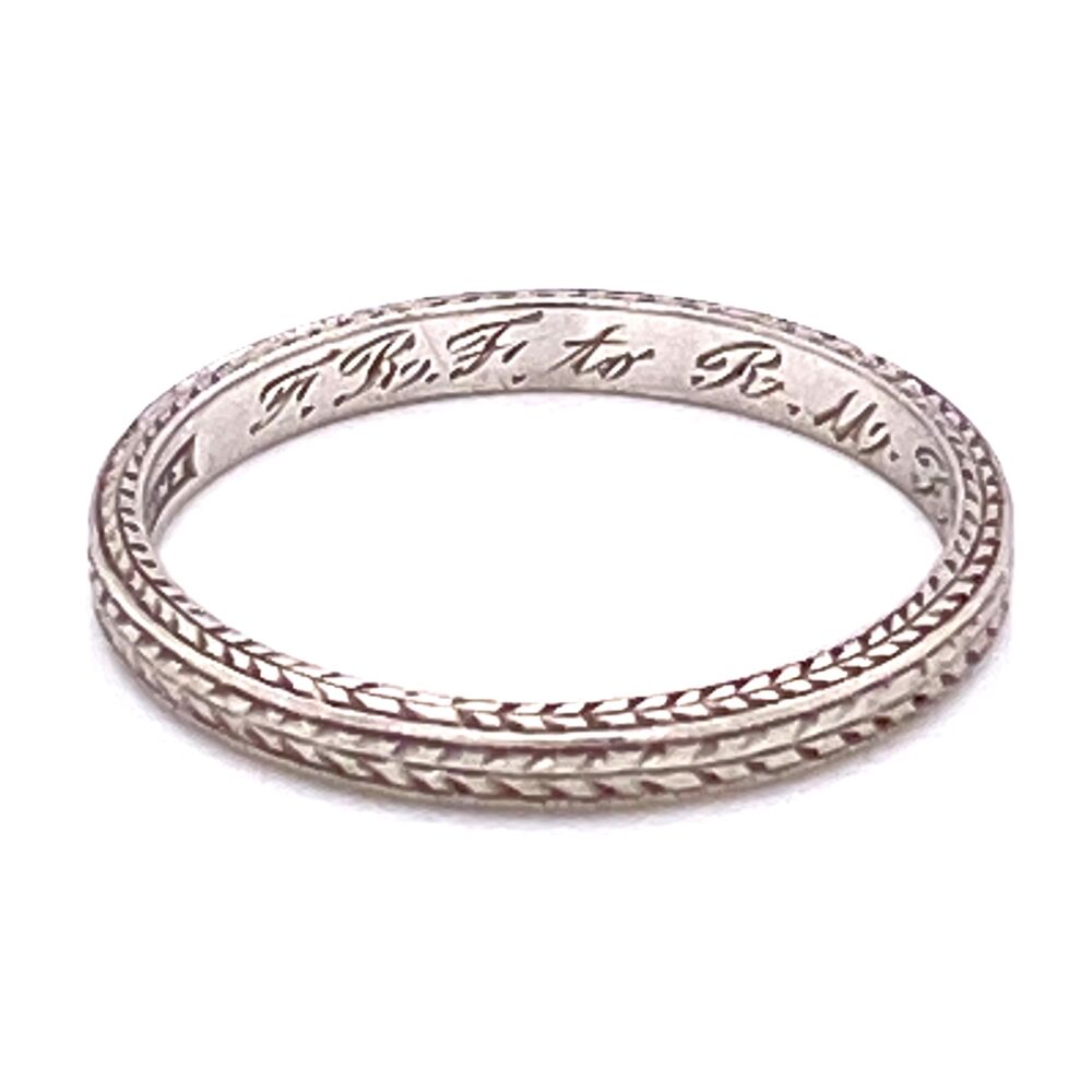 The is an amazing piece of history, handmade platinum with engraving all the way around. This is a fine example of quality Art Deco. Inside the shank is stamped "Platinum" and has the engraving, "F.R.F to R.M.R. 5-27-25". Platinum Art Deco Engraved Band Ring s6, c1925, 2.3g