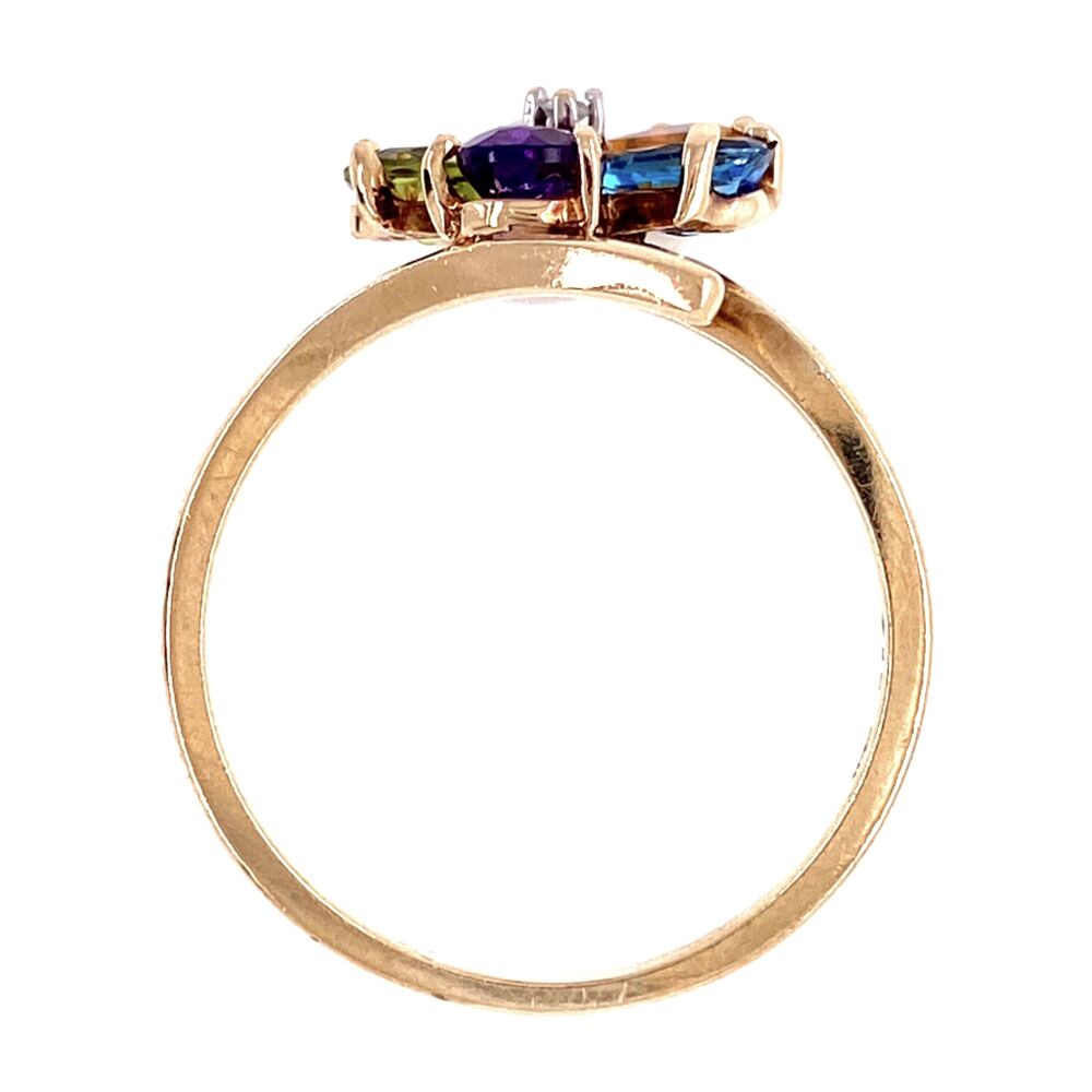 Classic Color sums up this flower shape designed ring! 5 Pear shape gemstones make up this classic piece including Amethyst, Topaz, Garnet, Peridot & Citrine with a center diamond .01ct. The wrap around band is set on a bias. 10K YG Mult Color Pear Shape Gemstone & Diamond Ring 3.25g, s8.25