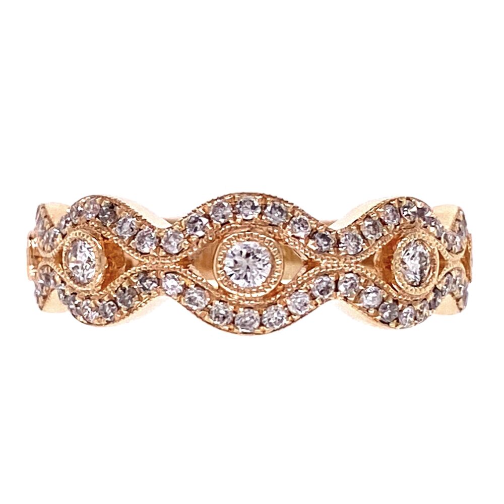 Modern Swirl design diamond band ring made in beautiful Red Rose gold. There are 63 modern round brilliant diamonds weighing approx. 0.48tcw. 14K Rose Gold Diamond Swirl Band 4.1g, s6.5