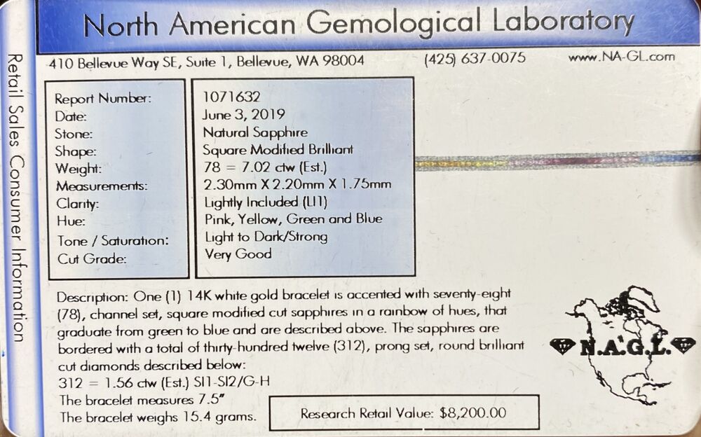 Has a NAGL Appraisal Card showing a conservative retail of $8200. Don't Hate! Support the rainbow love! 14K White Gold Line Bracelet, Rainbow sapphires 7.02tcw & diamonds 1.56tcw 7.25"