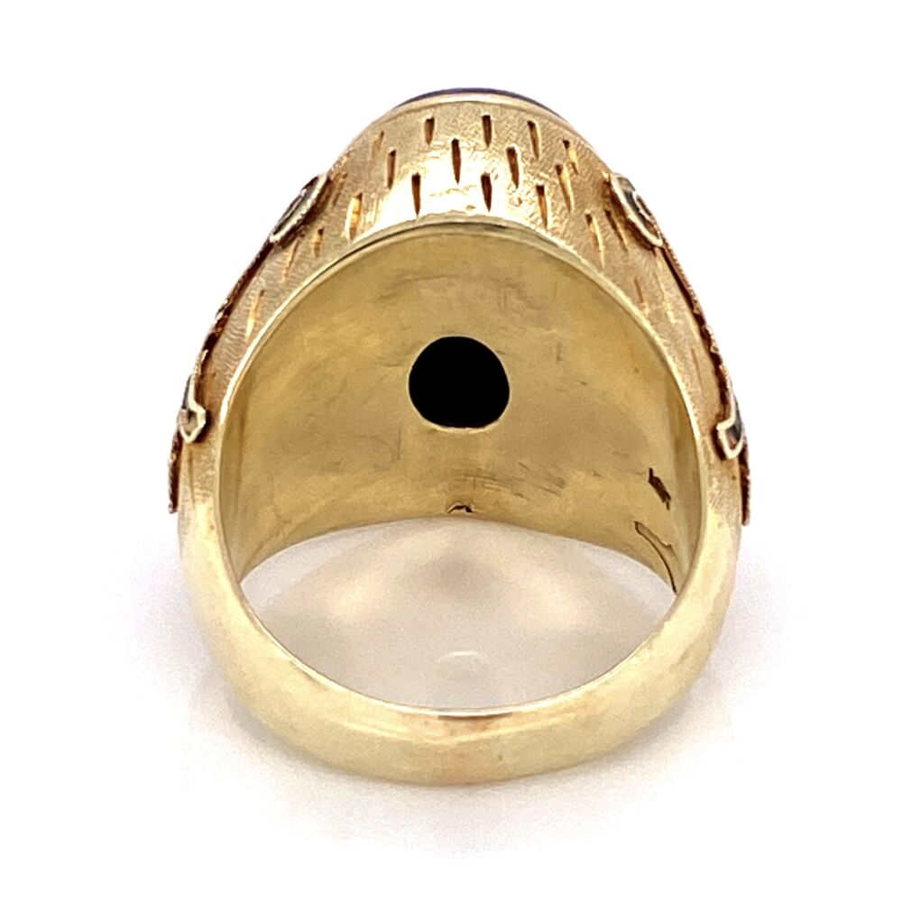 This is a super dome ring with some faded green enamel on the sides in Chinese characters and a large center cabochon Lapis approx. 7cts. This ring has an awesome patina and is circa 1960's 14K YG Chinese Lapis Dome Ring with Green Enamel 12.5g, s