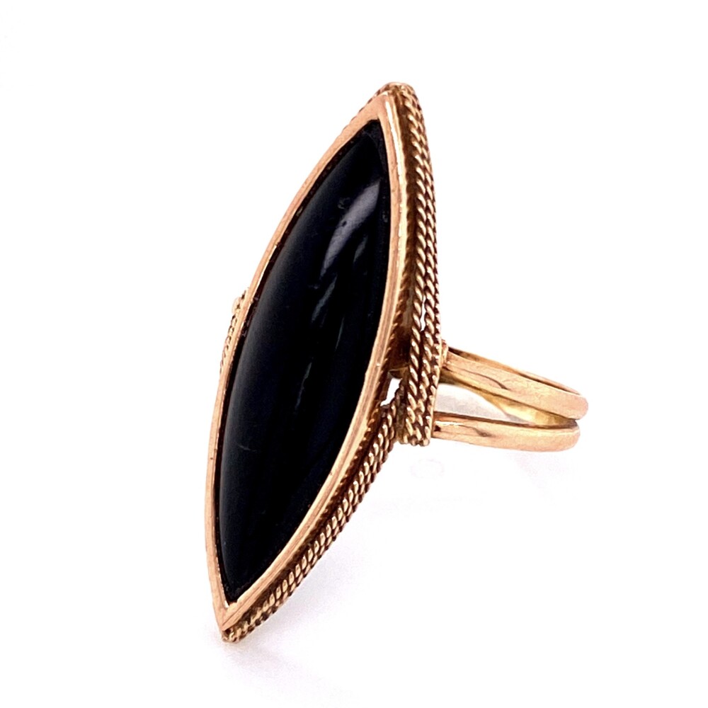 This ring is an original ring from the 1800's with a long marquis shape black onyx cabochon and a triple rope design around the bezel and wrapped at top of the shank - super cool!<div style="position: initial; margin: initial;"><span style="font-size: 16.8px; position: initial; margin: initial;"><a href="https://youtu.be/p16XIcMrMZk" title="https://youtu.be/p16XIcMrMZk" style="text-decoration: none;">https://youtu.be/p16XIcMrMZk</a></span><br style="position: initial; margin: initial;"></div> 14K YG Victorian Onyx Navette Ring 3.8g