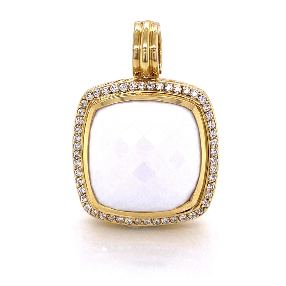This enhancer pendant was designed and made by David Yurman and is in like new condition. The retail we researched was over $6000 - you can buy this at half price or less!
The center stone is a 20mm white agate and the diamonds are approx. .48tcw and look H, VS/SI<div style="position: initial; margin: initial;"><span style="font-size: 16.8px; position: initial; margin: initial;"><a href="https://youtu.be/GYhu_kNxYY0" title="https://youtu.be/GYhu_kNxYY0" style="text-decoration: none;">https://youtu.be/GYhu_kNxYY0</a></span><br style="position: initial; margin: initial;"></div> 18K YG David Yurman Large 20mm White Agate Pendant .48tcw Diamonds 23.2g