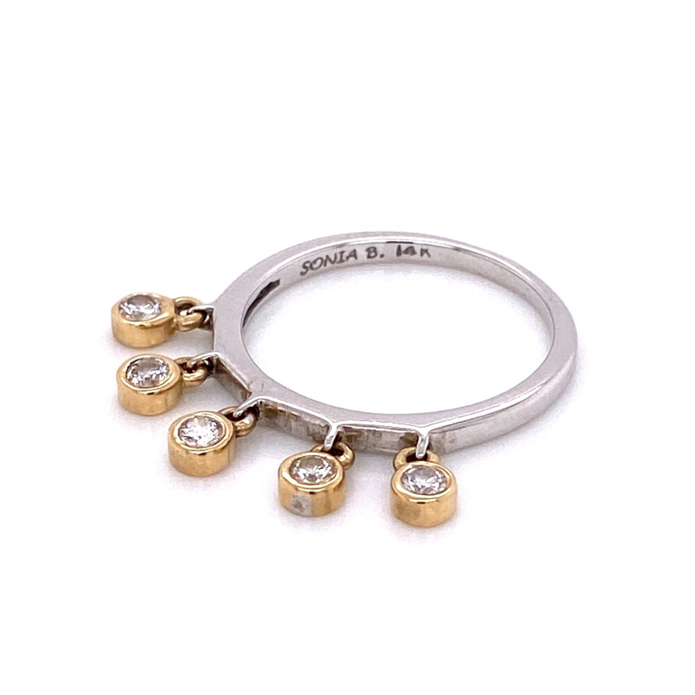 Check out this stackable band with 5 bezel set diamonds on jump rings that have free flowing movement. The Diamond weight is approx. .25tcw 14K W/YG SONIA B 5 Dangling Diamond Band Ring, s6